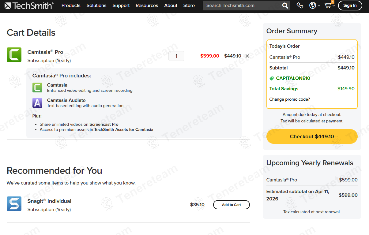 Camtasia Rev coupon code: 25% off with CAPITALONE10. Tested and valid as 1 year ago.
