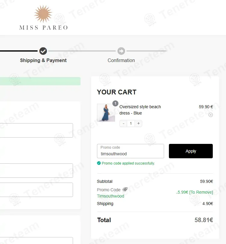 Miss Pareo coupon code: 10% off with timsouthwood. Tested and valid as 1 year ago.