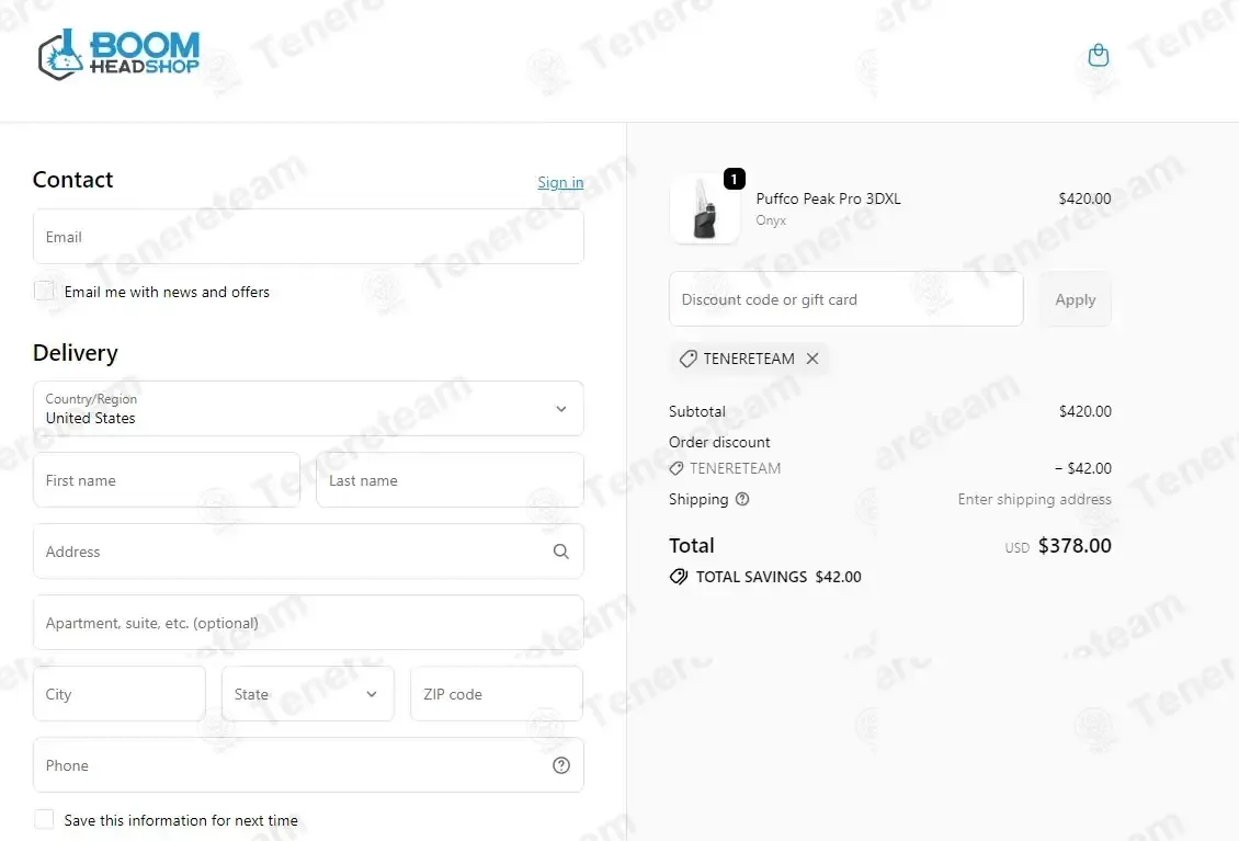 Boom Head Shop coupon code: 10% off with TENERETEAM. Tested and valid as 3 months ago.