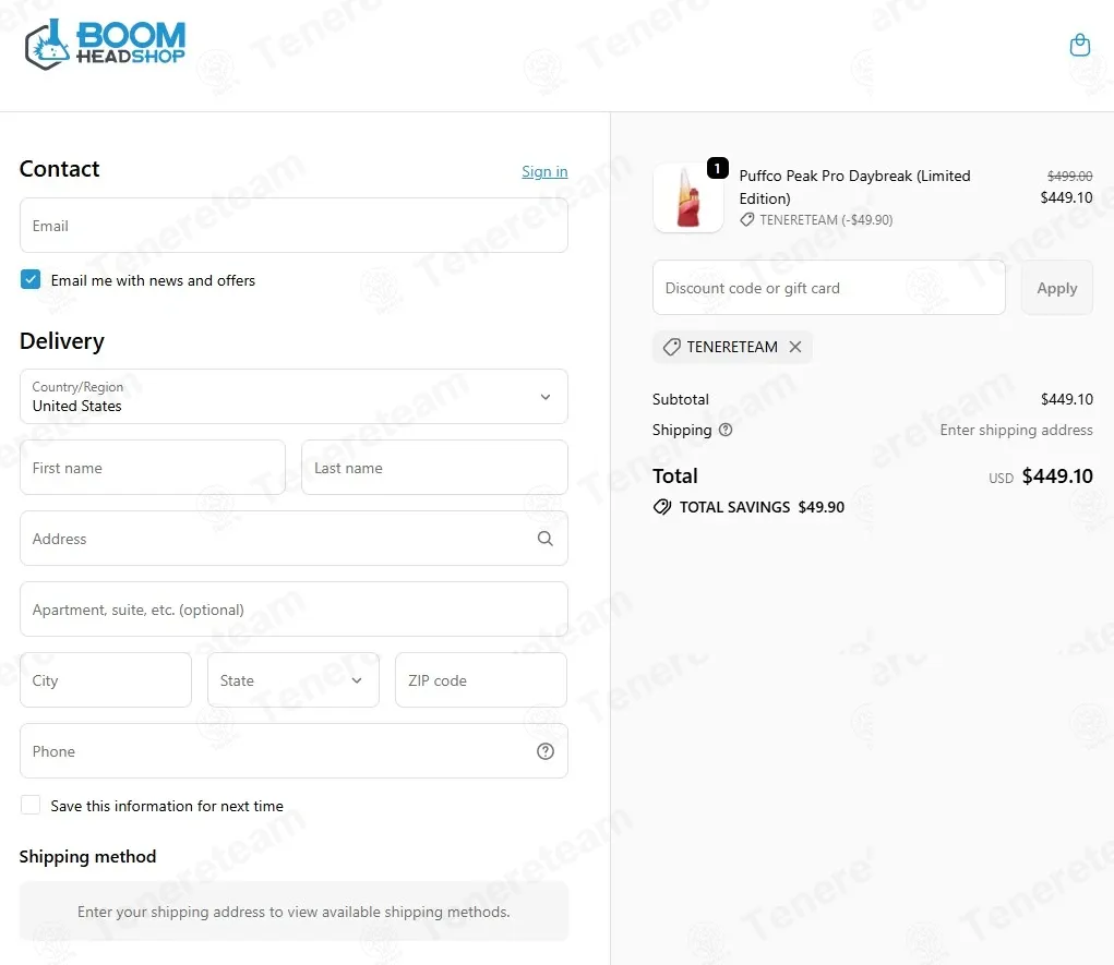 Boom Head Shop coupon code: 10% off with TENERETEAM. Tested and valid as 3 months ago.