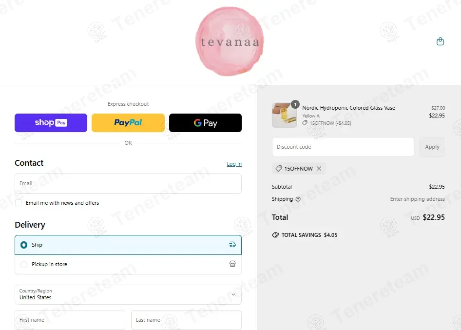 tevanaa coupon code: 15% off with 15OFFNOW. Tested and valid as 1 year ago.