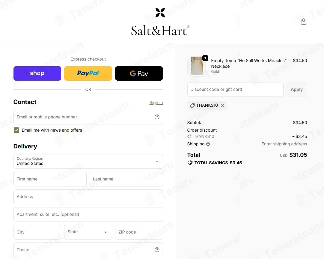 Salt and Hart coupon code: 10% off with THANKS10. Tested and valid as 3 weeks ago.