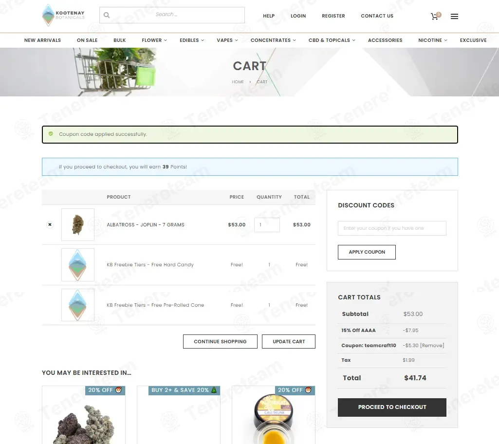 Kootenay Botanicals coupon code: $10 off with TEAMCRAFT10. Tested and valid as 1 month ago.