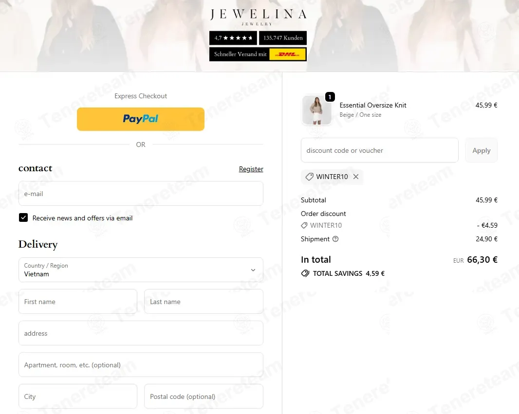 Jewelina coupon code: 10% off with WINTER10. Tested and valid as 5 months ago.