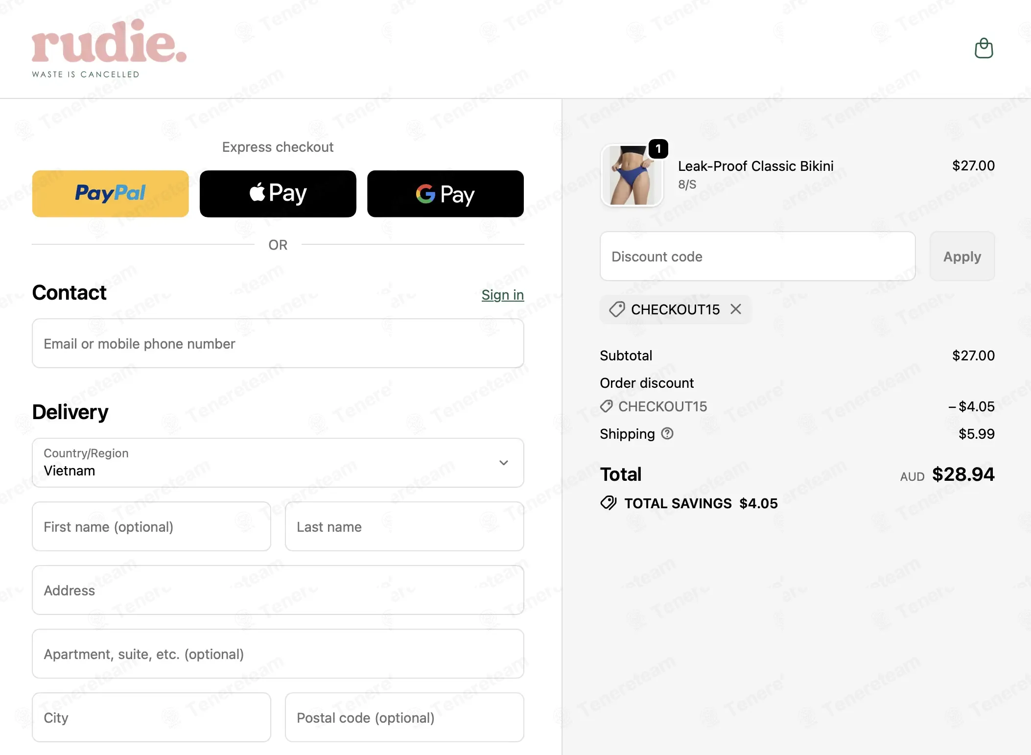Rudie AU coupon code: 15% off with CHECKOUT15. Tested and valid as 4 months ago.