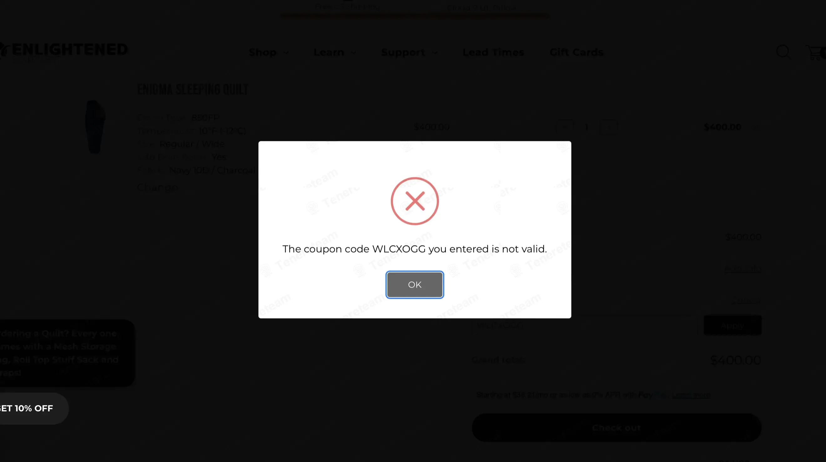 Enlightened Equipment coupon code: 10% off with WLCXOGG. Tested and valid as 3 months ago.