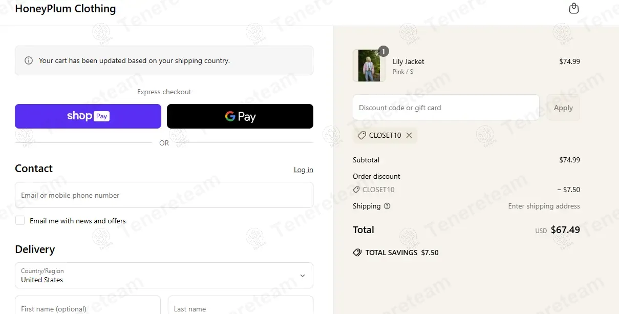 HoneyPlum Clothing coupon code: 10% off with CLOSET10. Tested and valid as 1 year ago.