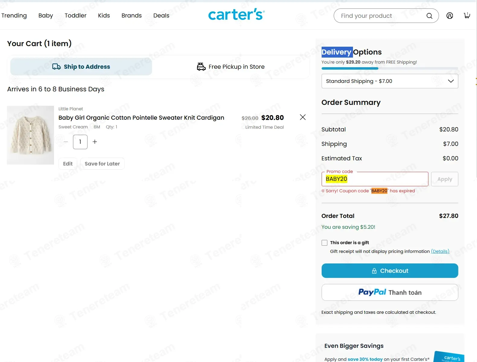 Carters coupon code: $30 off with BABY20. Tested and valid as 1 month ago.