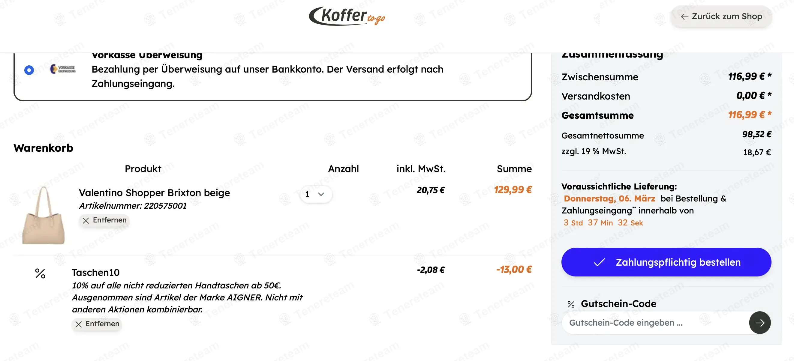 Koffer to Go coupon code: 10% off with Taschen10. Tested and valid as 1 year ago.