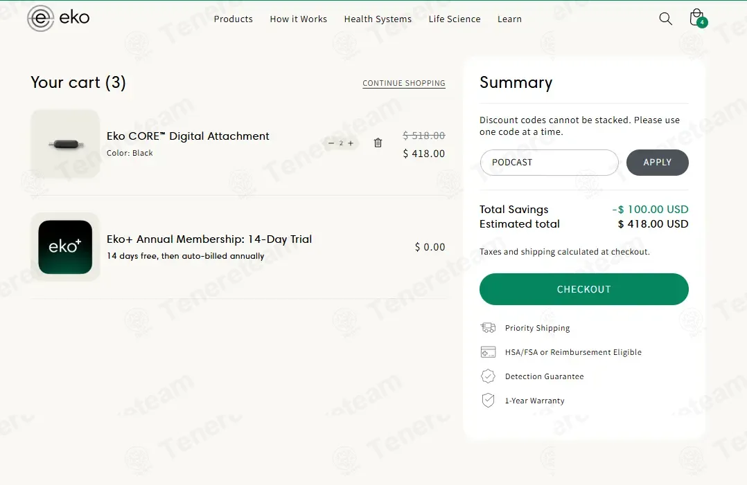 Eko Health coupon code: $100 off with PODCAST. Tested and valid as 3 months ago.