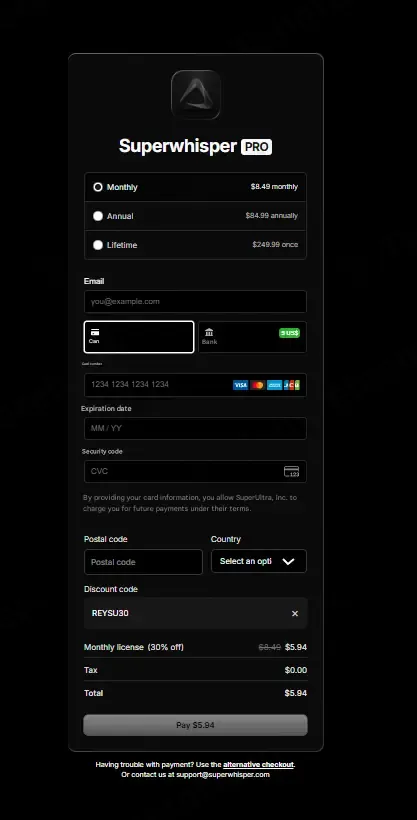 Superwhisper coupon code: 30% off with REYSU30. Tested and valid as 1 month ago.