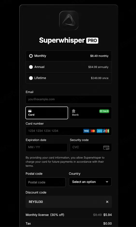 Superwhisper coupon code: 30% off with REYSU30. Tested and valid as 1 month ago.