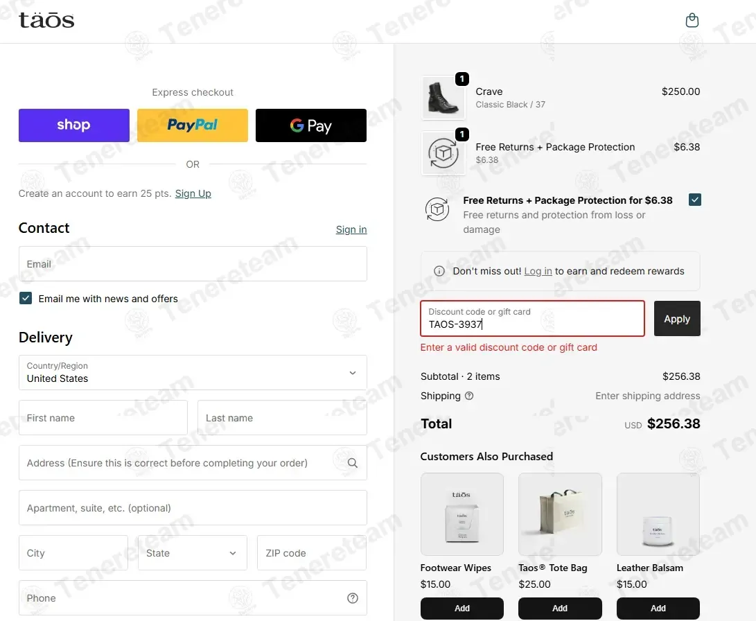 Taos Footwear coupon code: 10% off with TAOS-3937. Tested and valid as 1 month ago.
