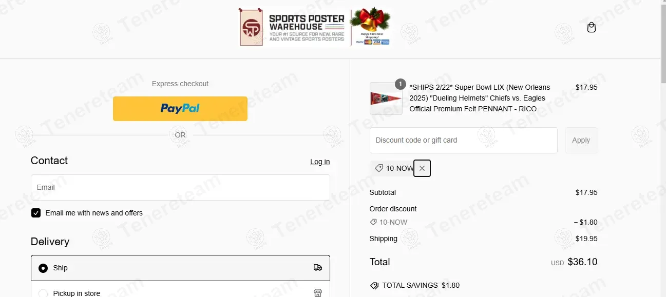 Sports Poster Warehouse coupon code: 10% off with 10-NOW. Tested and valid as 1 year ago.