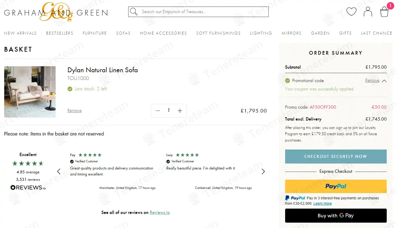 Graham & Green coupon code: £50 off with AF50OFF300. Tested and valid as 1 year ago.