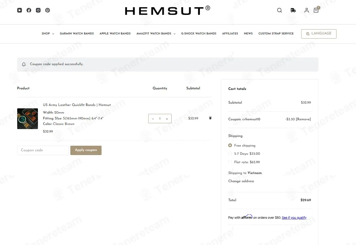 Hemsut Watch Bands coupon code: 10% off with CRHEMSUT10. Tested and valid as 1 minute ago.