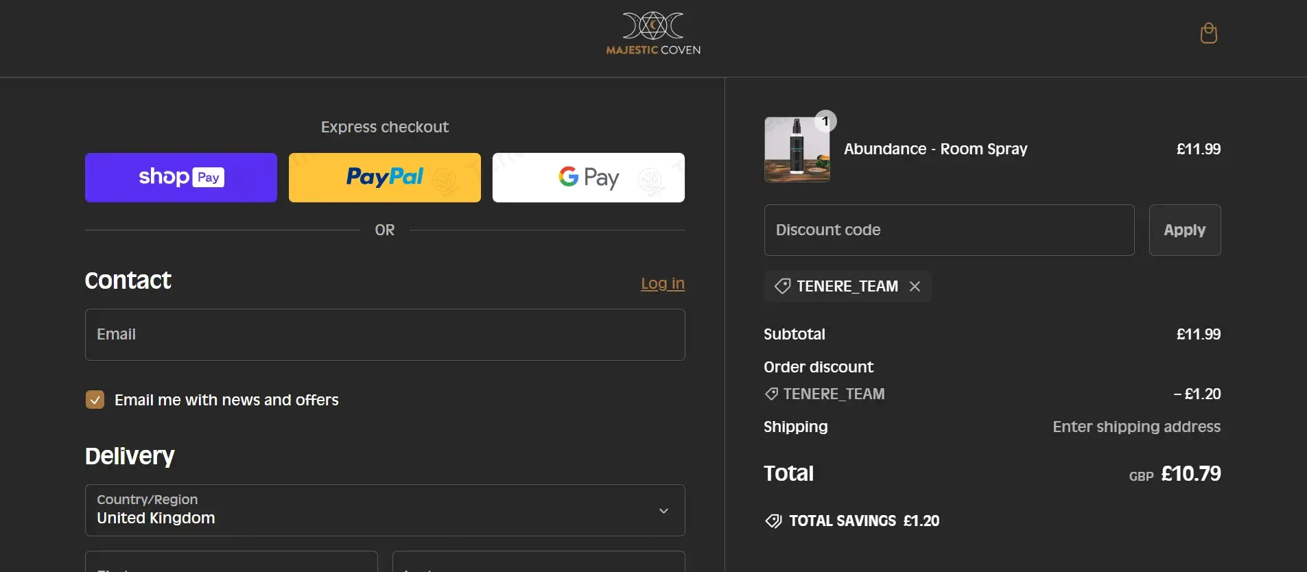 Majestic Coven coupon code: 10% off with TENERE_TEAM. Tested and valid as 1 year ago.