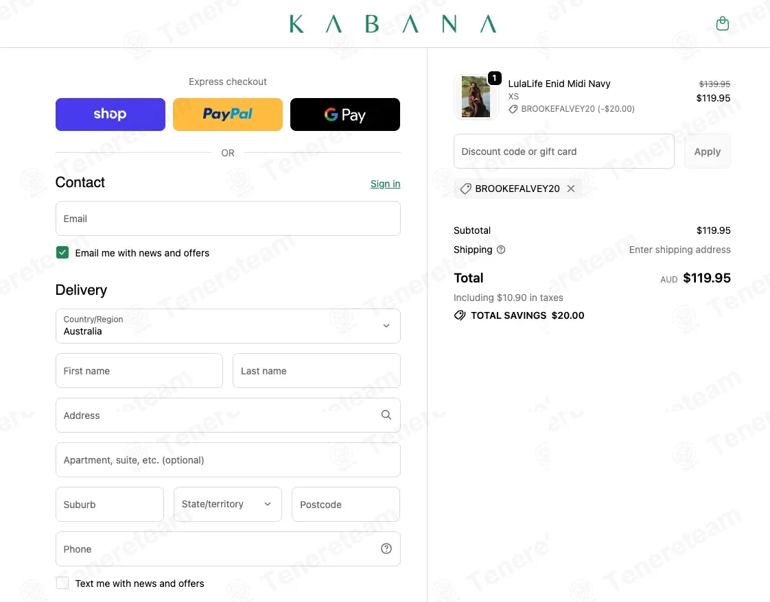 The Kabana Shop coupon code: $20 off with BROOKEFALVEY20. Tested and valid as 1 month ago.