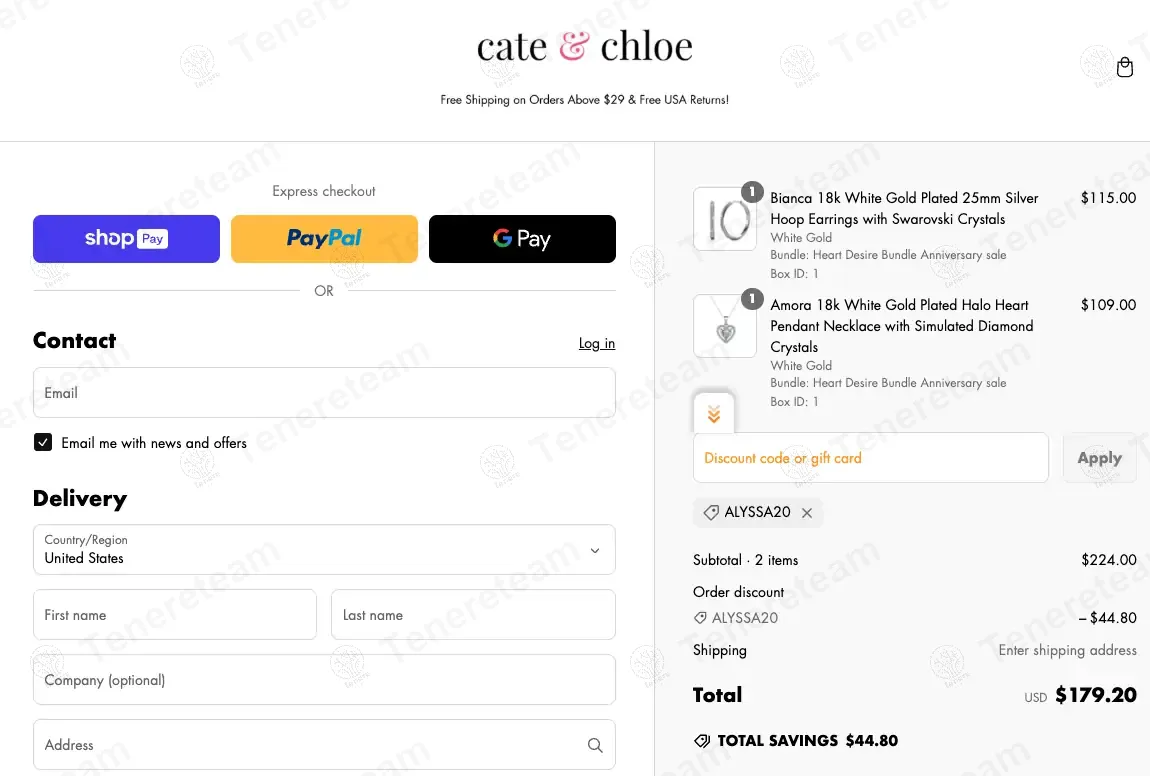 Cate And Chloe coupon code: 20% off with ALYSSA20. Tested and valid as 1 year ago.