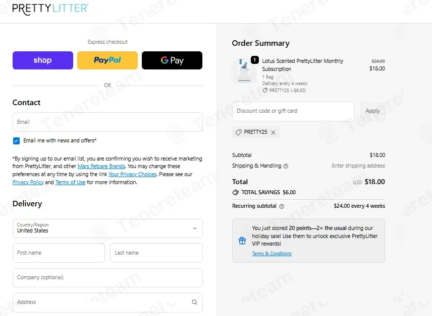 PrettyLitter coupon code: 25% off with PRETTY25. Tested and valid as 1 week ago.