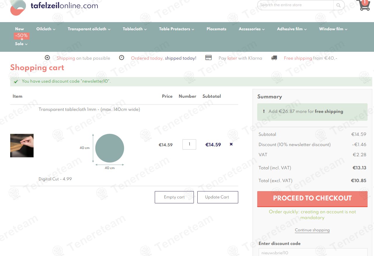 Tafelzeilonline coupon code: 10% off with nieuwsbrief10. Tested and valid as 1 year ago.