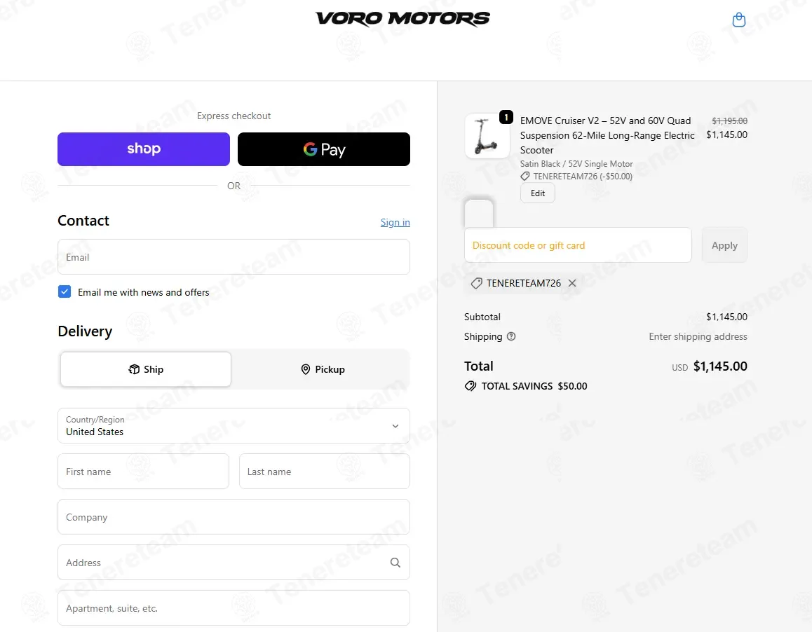 Voro Motors coupon code: $50 off with TENERETEAM726. Tested and valid as 5 months ago.