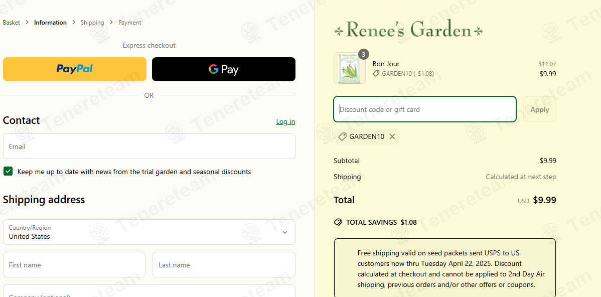 Renee's Garden Seeds coupon code: 10% off with GARDEN10. Tested and valid as 1 year ago.