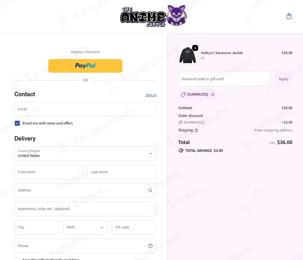 The Anime Supply coupon code: 10% off with DUWWK2OQ. Tested and valid as 4 months ago.