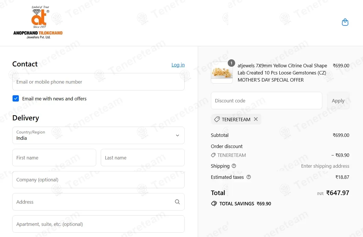 At Jewels IN coupon code: 10% off with TENERETEAM. Tested and valid as 11 months ago.