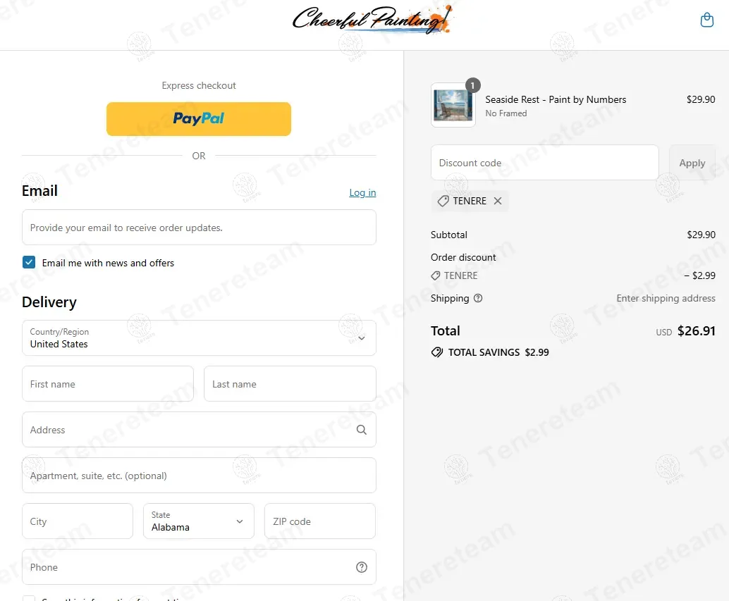 Cheerful Painting coupon code: 10% off with TENERE. Tested and valid as 10 months ago.