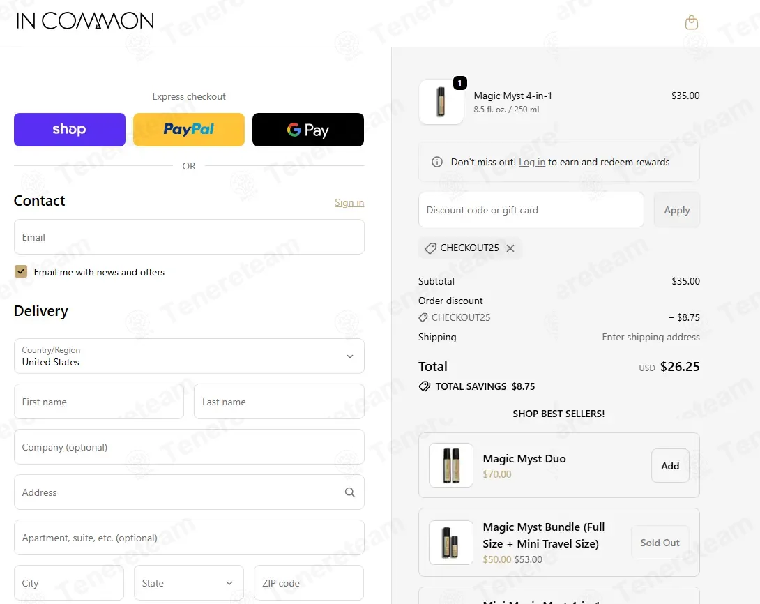 In Common Beauty coupon code: 25% off with CHECKOUT25. Tested and valid as 1 month ago.