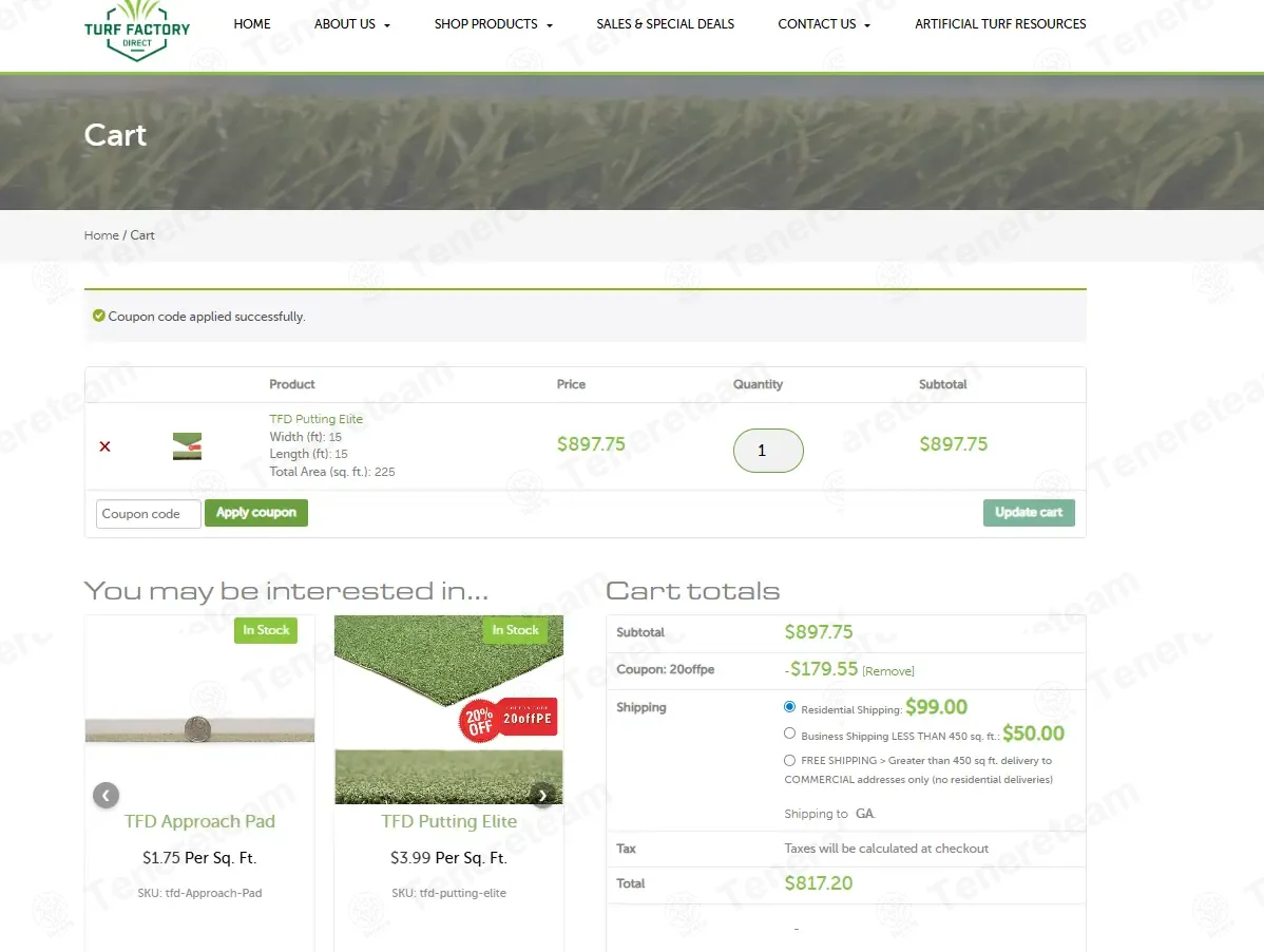 Turf Factory Direct coupon code: 20% off with 20OFFPE. Tested and valid as 3 months ago.