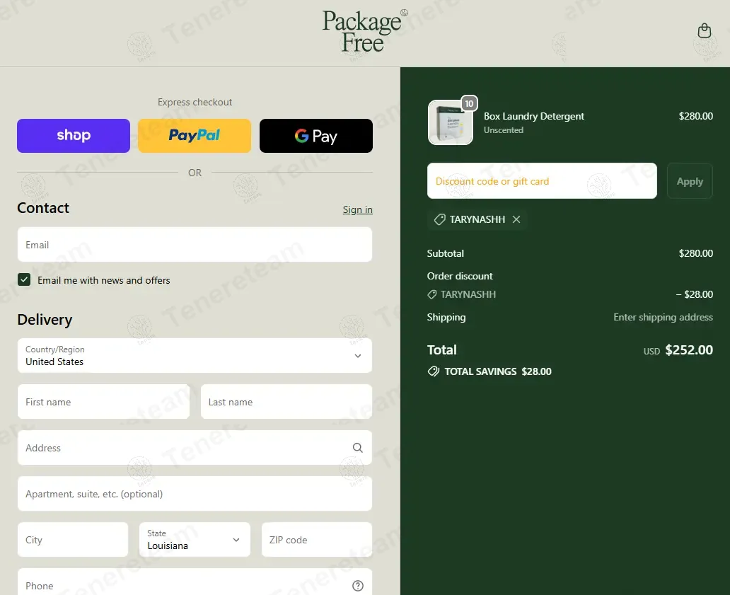 Package Free Shop coupon code: 10% off with TARYNASHH. Tested and valid as 8 months ago.