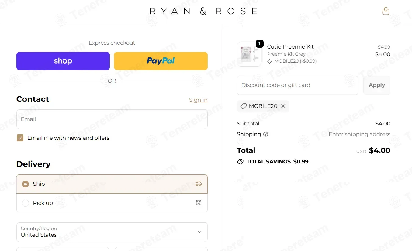 Ryan and Rose coupon code: 20% off with MOBILE20. Tested and valid as 7 months ago.