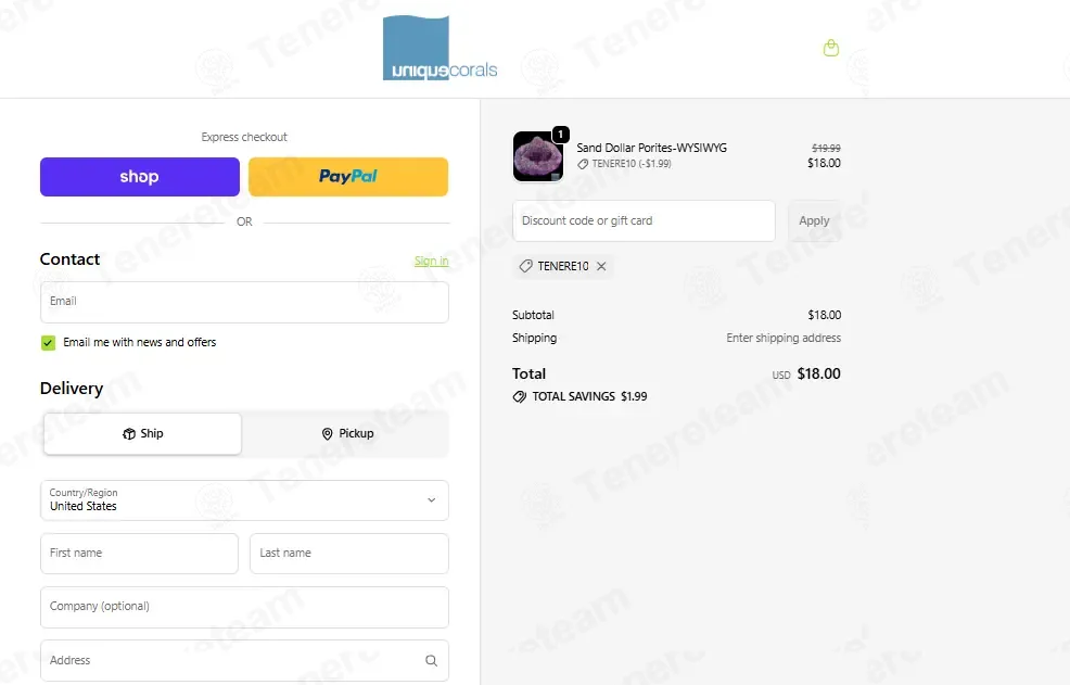 Unique Corals coupon code: 10% off with TENERE10. Tested and valid as 1 month ago.
