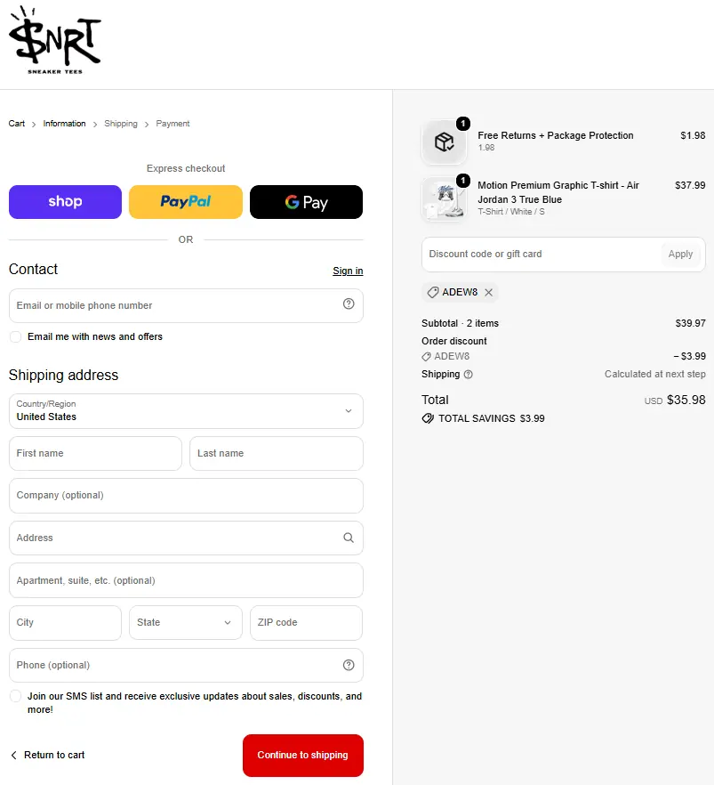 SNRT Sneaker Tees coupon code re-checked and confirmed working at checkout