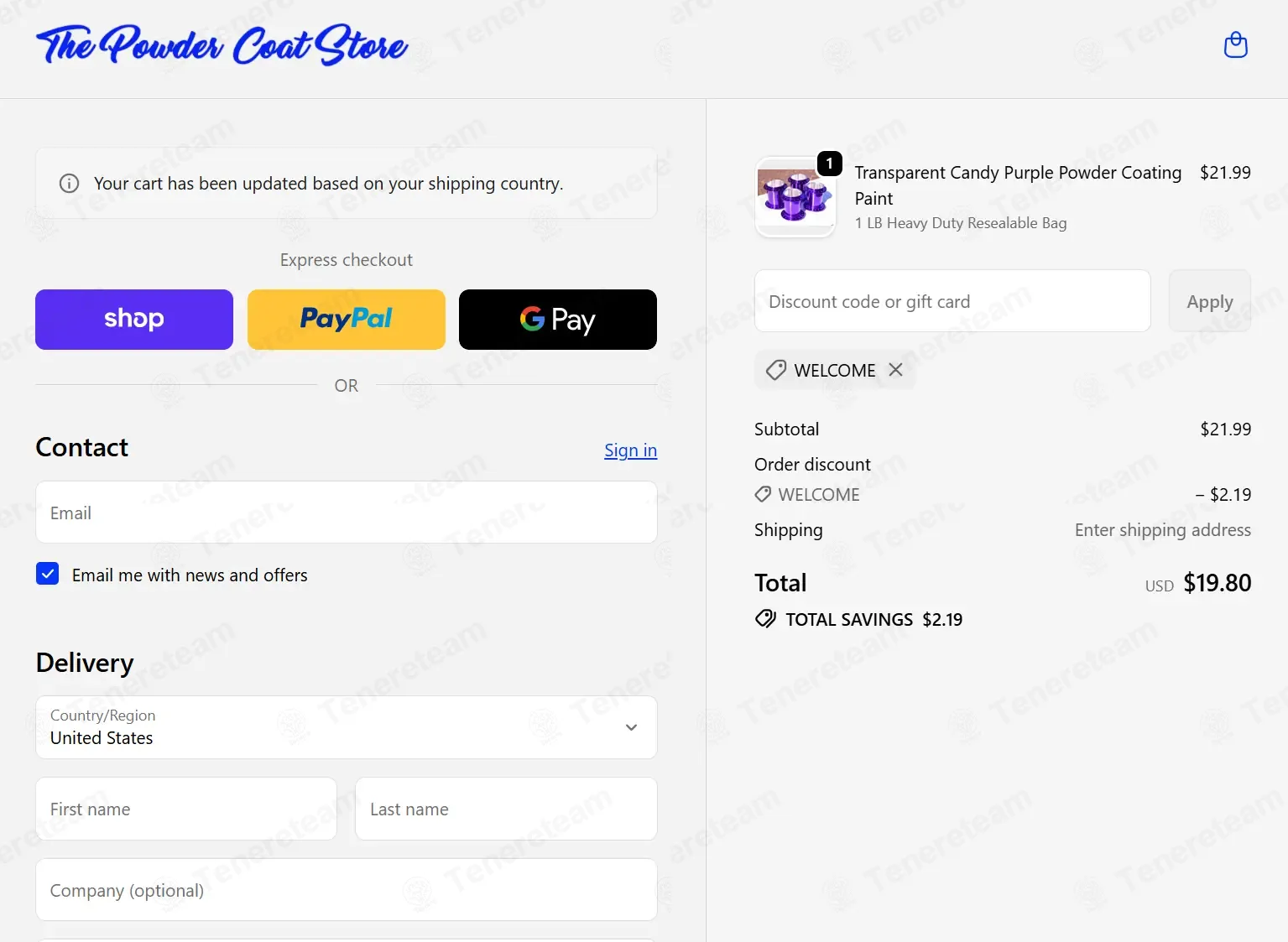 The Powder Coat Store coupon code: 10% off with WELCOME. Tested and valid as 1 month ago.