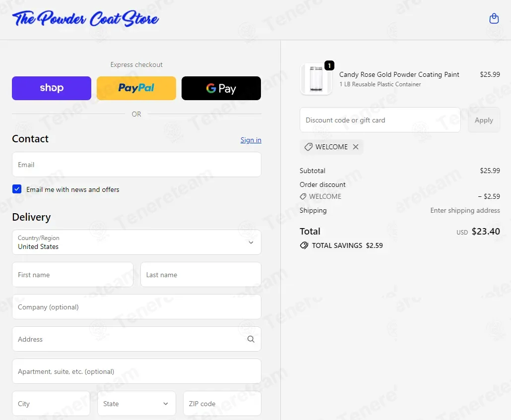 The Powder Coat Store coupon code: 10% off with WELCOME. Tested and valid as 1 month ago.
