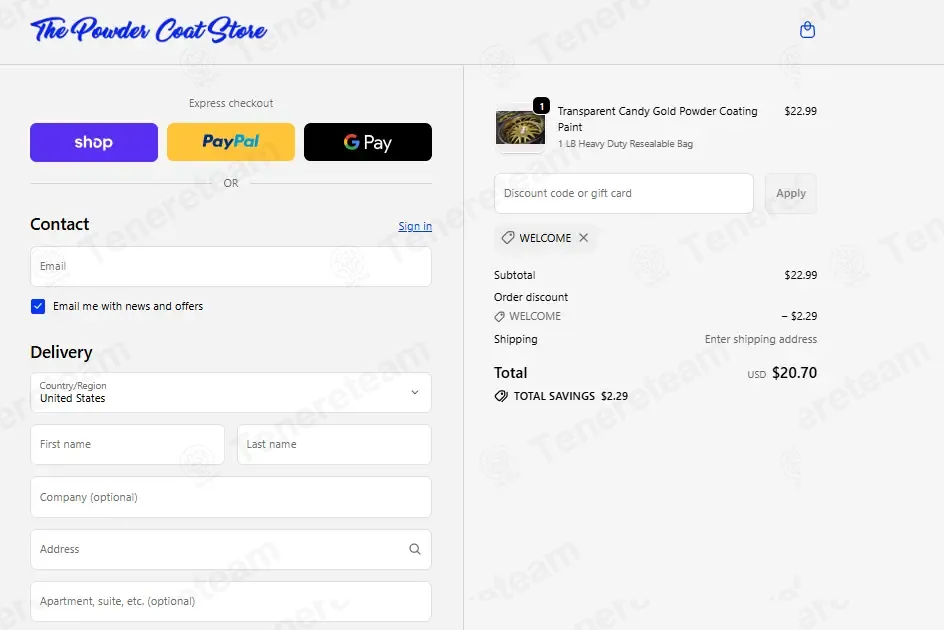 The Powder Coat Store coupon code: 10% off with WELCOME. Tested and valid as 1 month ago.