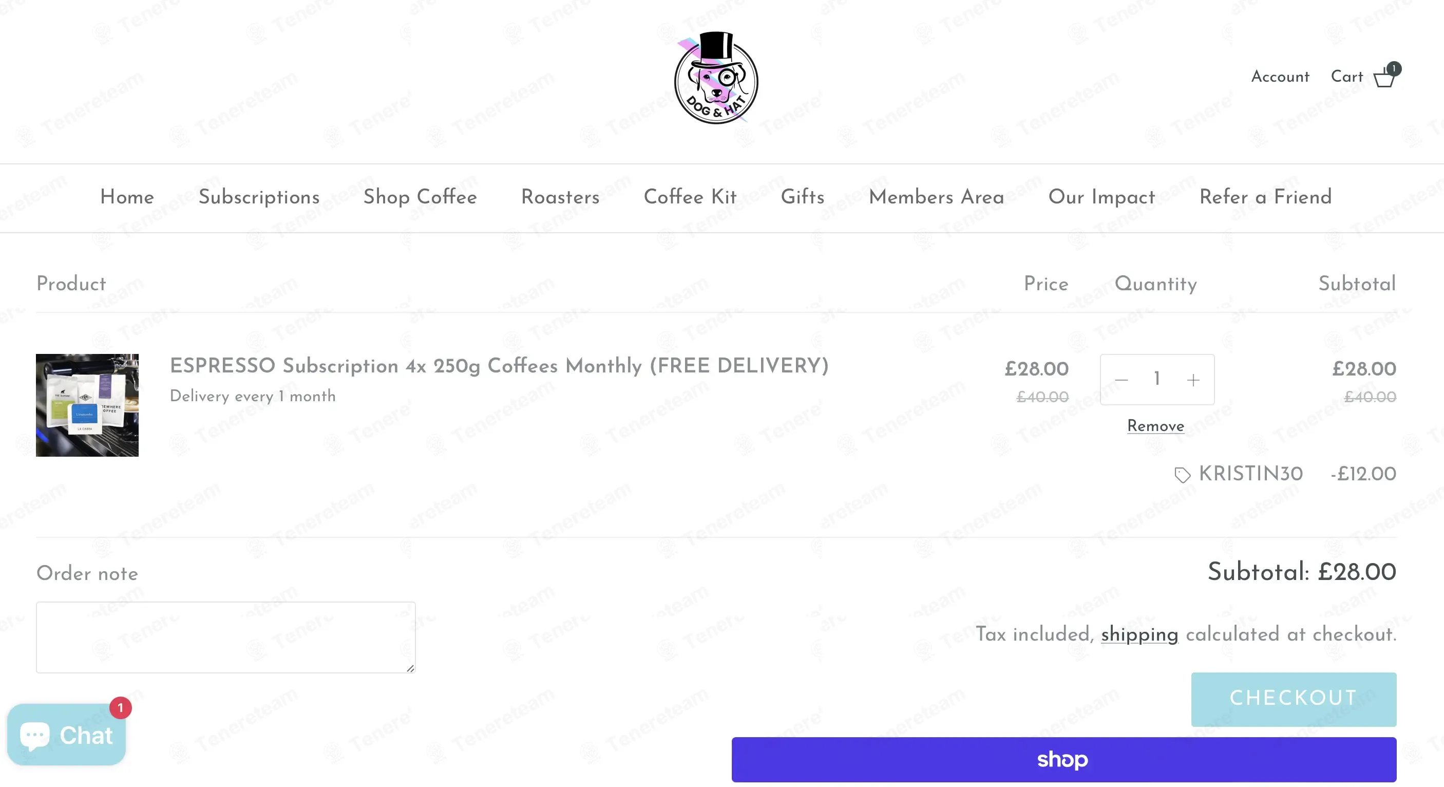 Dog & Hat Coffee UK coupon code: 30% off with KRISTIN30. Tested and valid as 2 weeks ago.