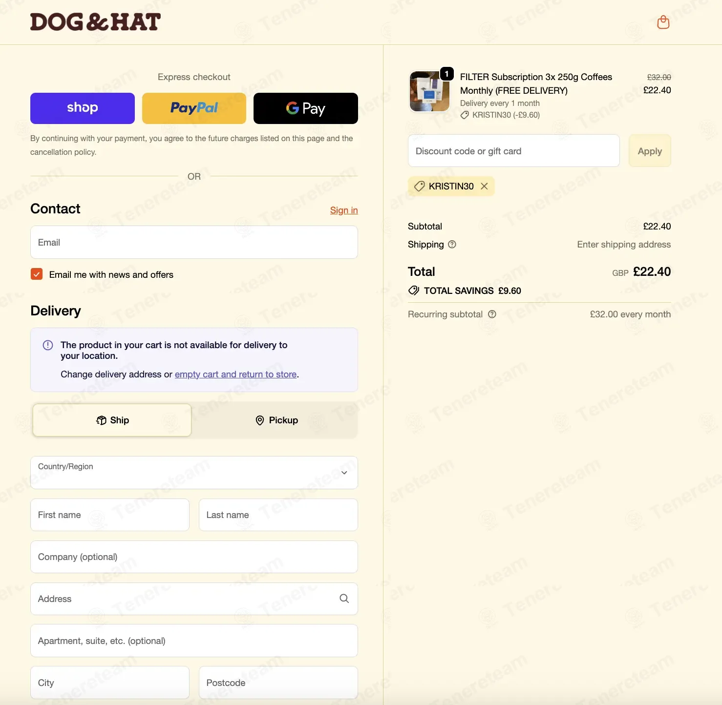 Dog & Hat Coffee UK coupon code: 30% off with KRISTIN30. Tested and valid as 2 weeks ago.