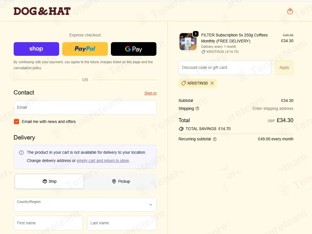 Dog & Hat Coffee UK coupon code: 30% off with KRISTIN30. Tested and valid as 2 weeks ago.