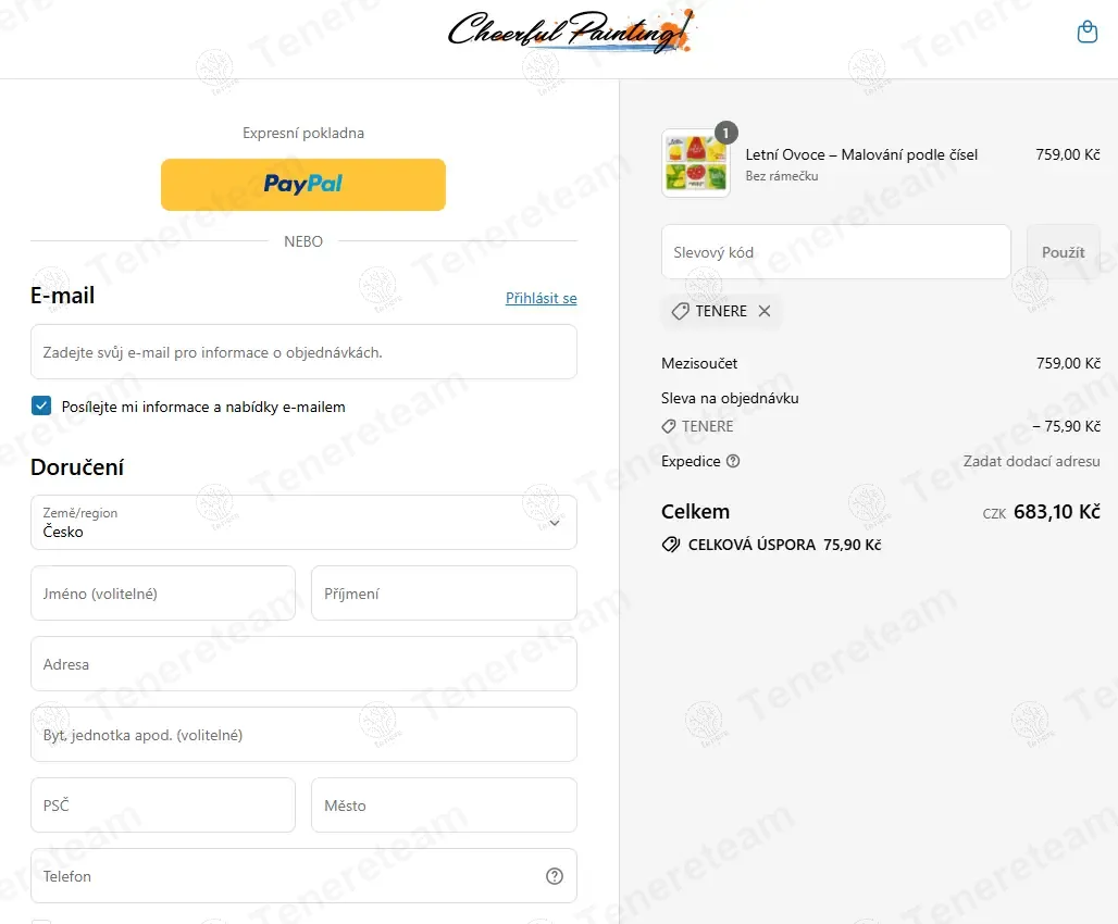 Cheerful Painting CZ coupon code: 10% off with TENERE. Tested and valid as 1 year ago.