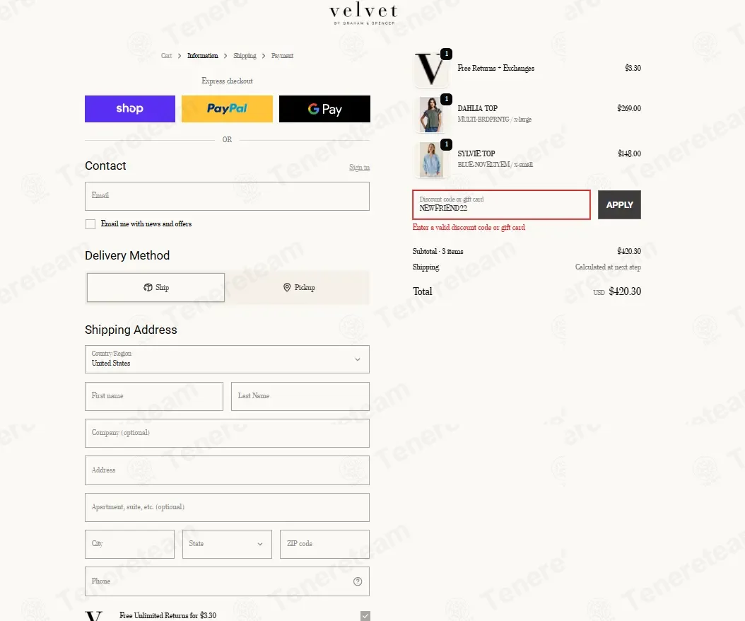 Velvet Tees coupon code: 22% off with NEWFRIEND22. Tested and valid as 2 weeks ago.