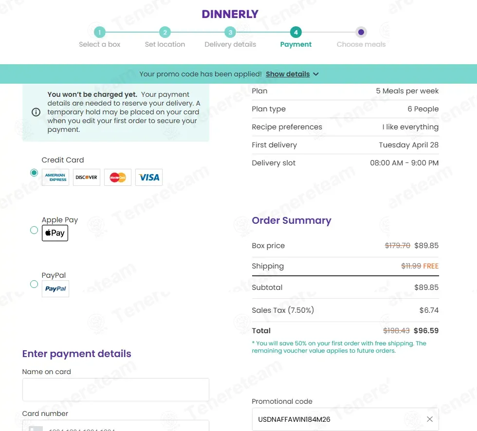 Dinnerly coupon code: 50% off with USDNAFFAWIN184M26. Tested and valid as 1 week ago.