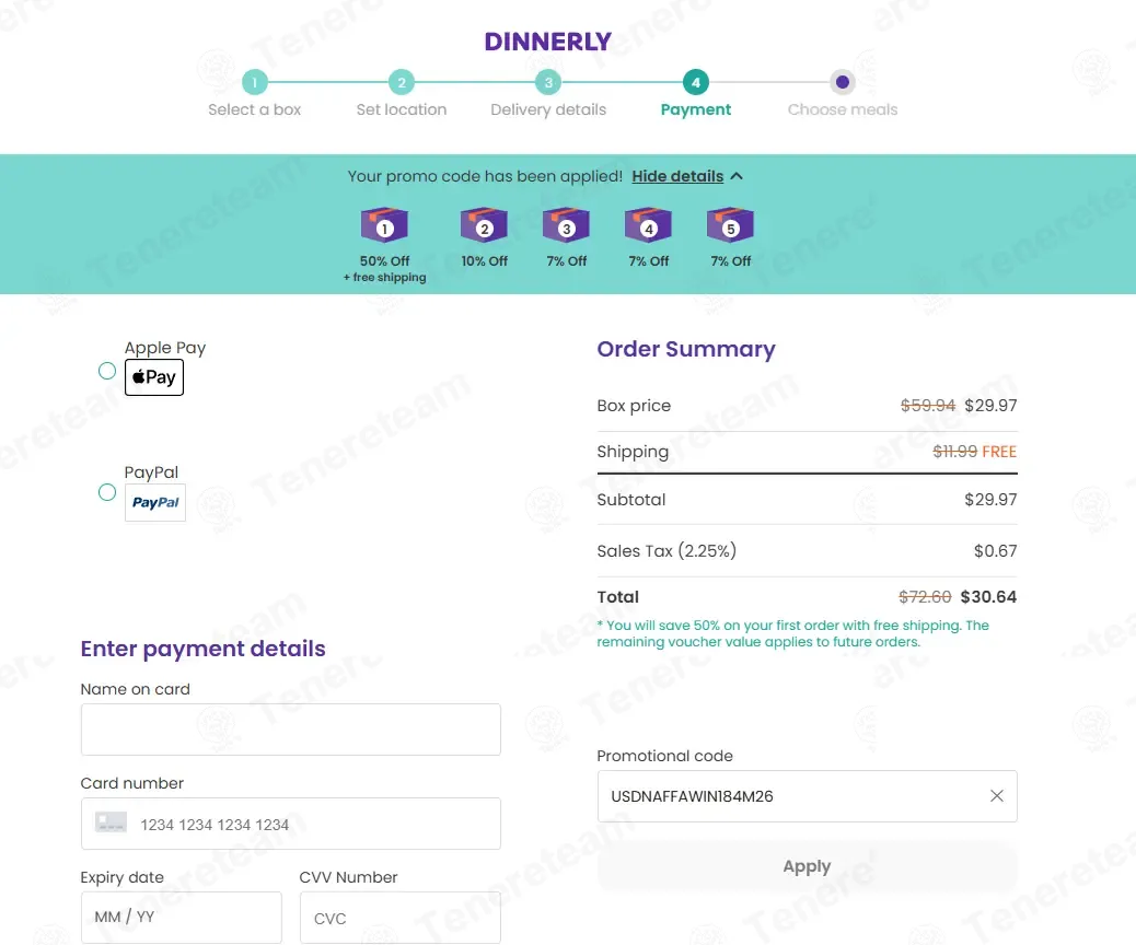 Dinnerly coupon code: 50% off with USDNAFFAWIN184M26. Tested and valid as 1 week ago.