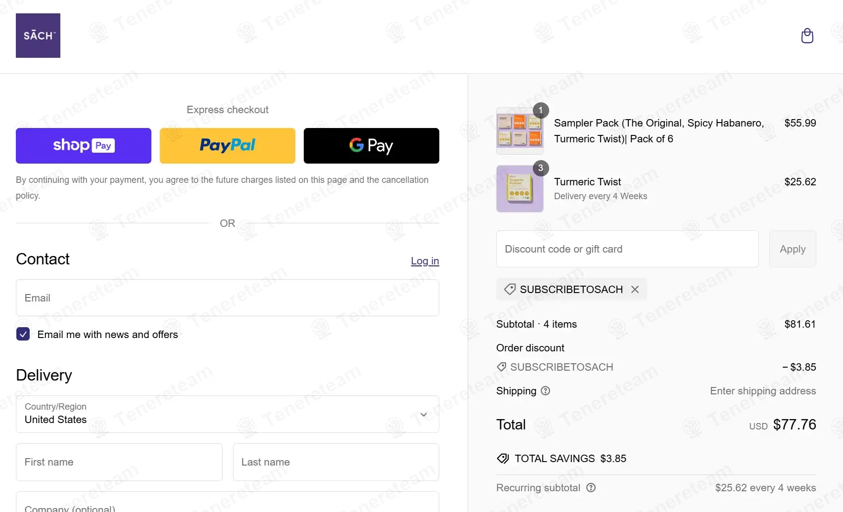 Sach Foods coupon code: 10% off with SUBSCRIBETOSACH. Tested and valid as 1 year ago.