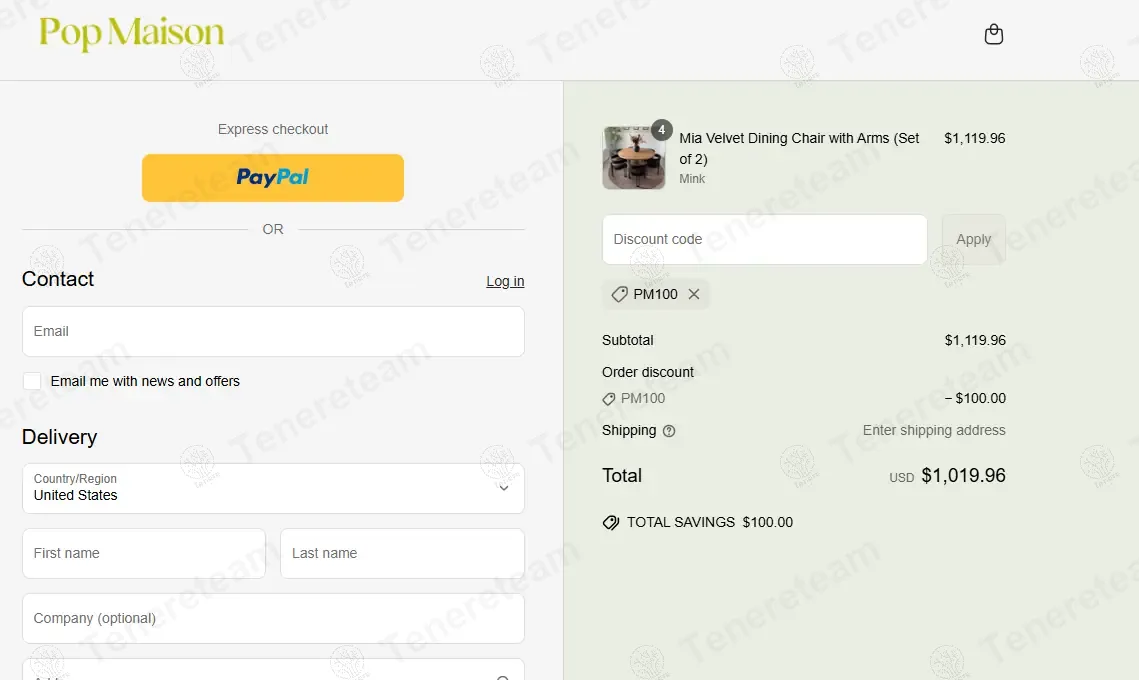 The Pop Maison coupon code: $100 off with PM100. Tested and valid as 1 year ago.