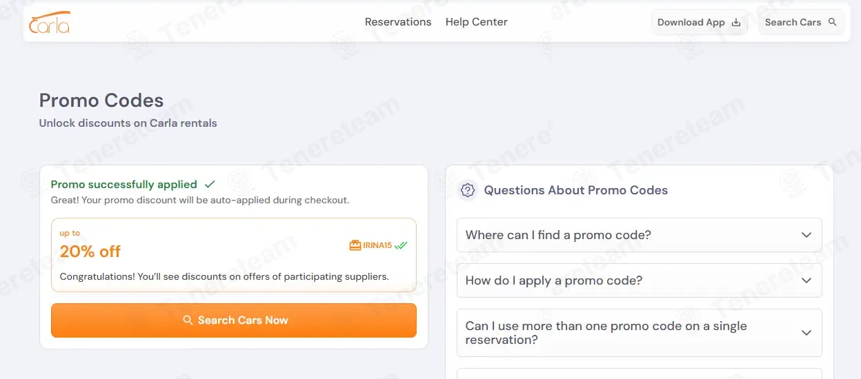 Carla Car Rental coupon code: 20% off with IRINA15. Tested and valid as 4 days ago.