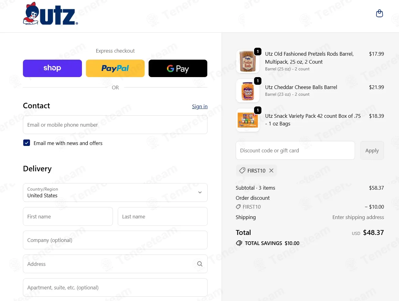 Utz Snacks coupon code: $10 off with FIRST10. Tested and valid as 7 months ago.